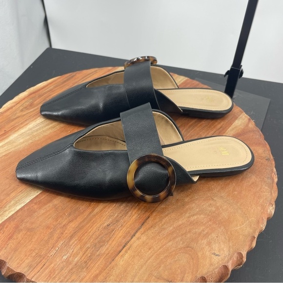H&M Black Faux Leather Point Toe Open Vamp Tortoise Mules Flats Slides, 36 5-5.5 - Picture 3 of 6